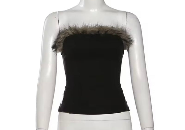 Women Strapless Fur Patchwork Two Piece Sexy Skirt Set