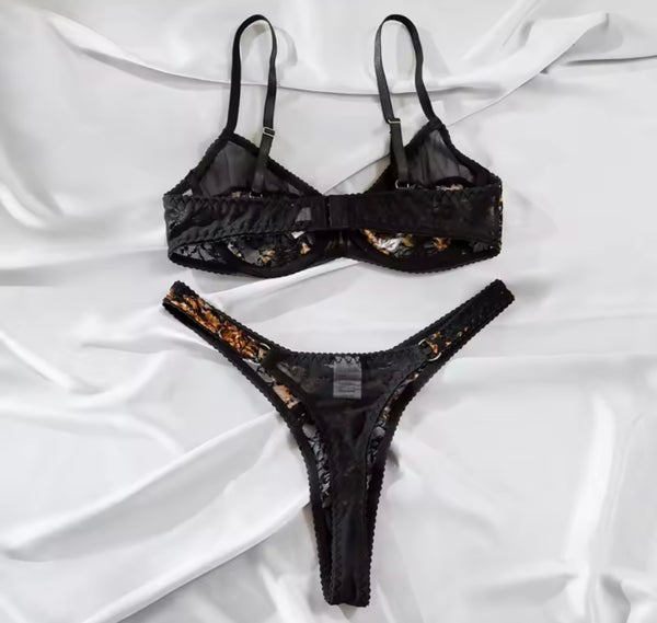 Women Sexy Black Printed Mesh Lingerie Set