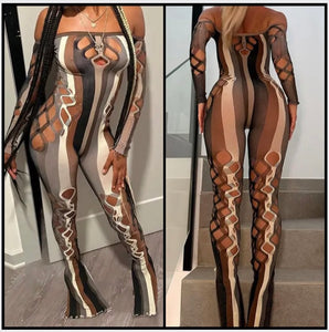 Women Sexy Multicolored Striped Cut Out Full Sleeve Mesh Jumpsuit