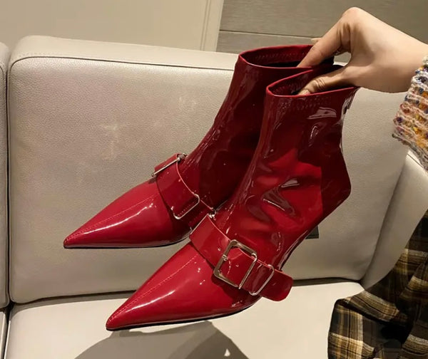 Women Fashion Pointed Toe Buckled Patent Leather Ankle Boots