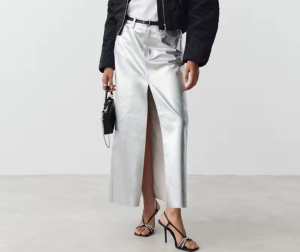 Women Silver Front Split Fashion Faux Leather Maxi Skirt