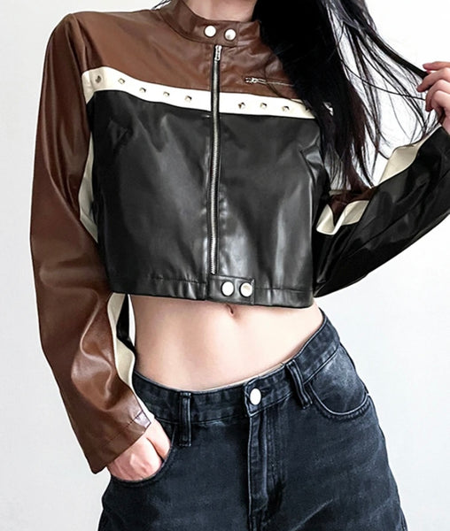 Women Fashion Color Patchwork Faux Leather Crop Jacket