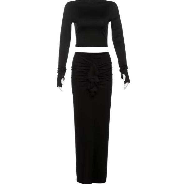 Women Sexy Black Full Sleeve Two Piece Ruched Maxi Skirt Set