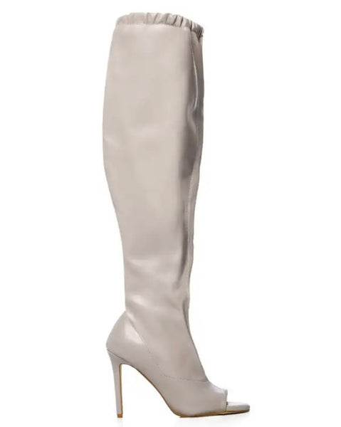 Women Fashion Open Toe Ruched Faux Leather Knee High Boots