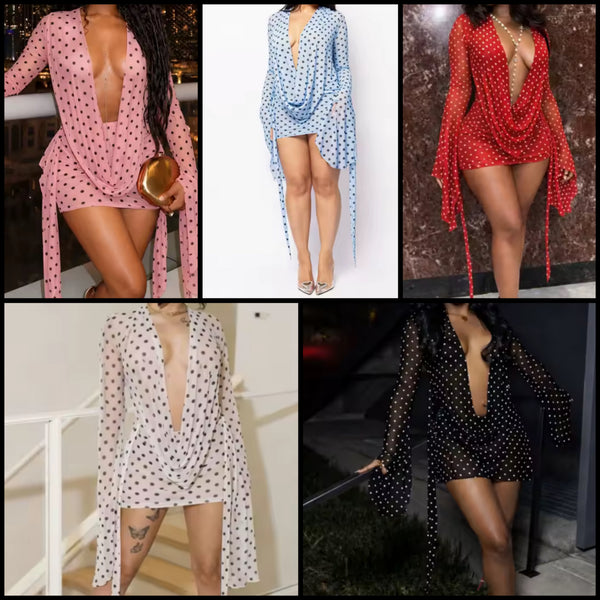 Women Sexy Draped V-Neck Full Sleeve Polka Dot Mesh Dress