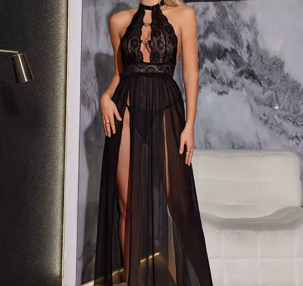 Women Sexy Halter Lace Mesh Side Split Long Nightgown Lingerie