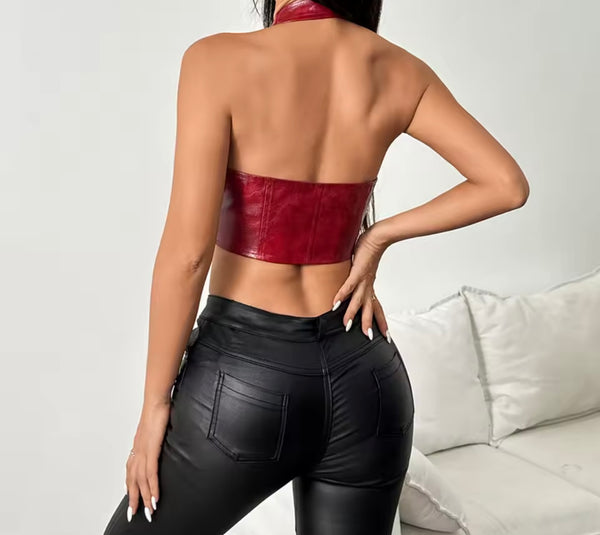 Women Sexy Fashion Faux Leather Halter Lace Up Top