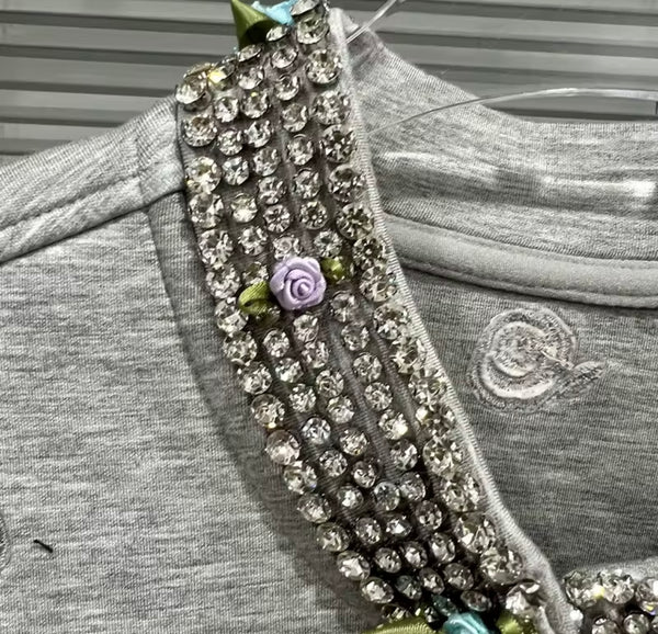 Women Fashion Rhinestone Button Up Two Piece Skirt Set