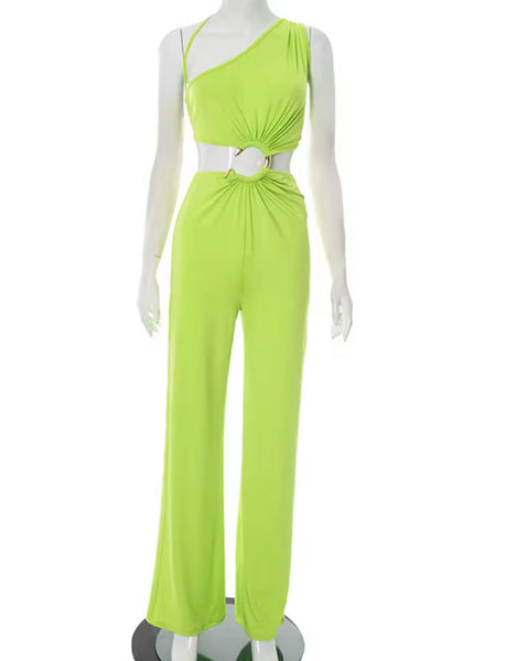 Women Sexy Color One Shoulder Sleeveless Metal Cut Out Jumpsuit