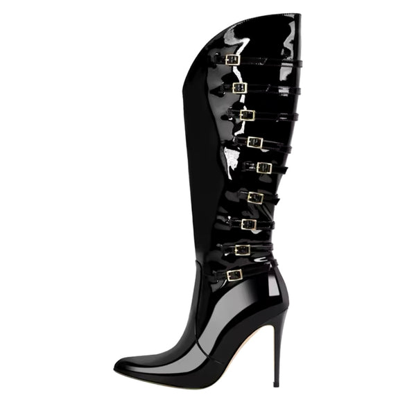 Women Black Buckled Patent Leather High Heel Boots