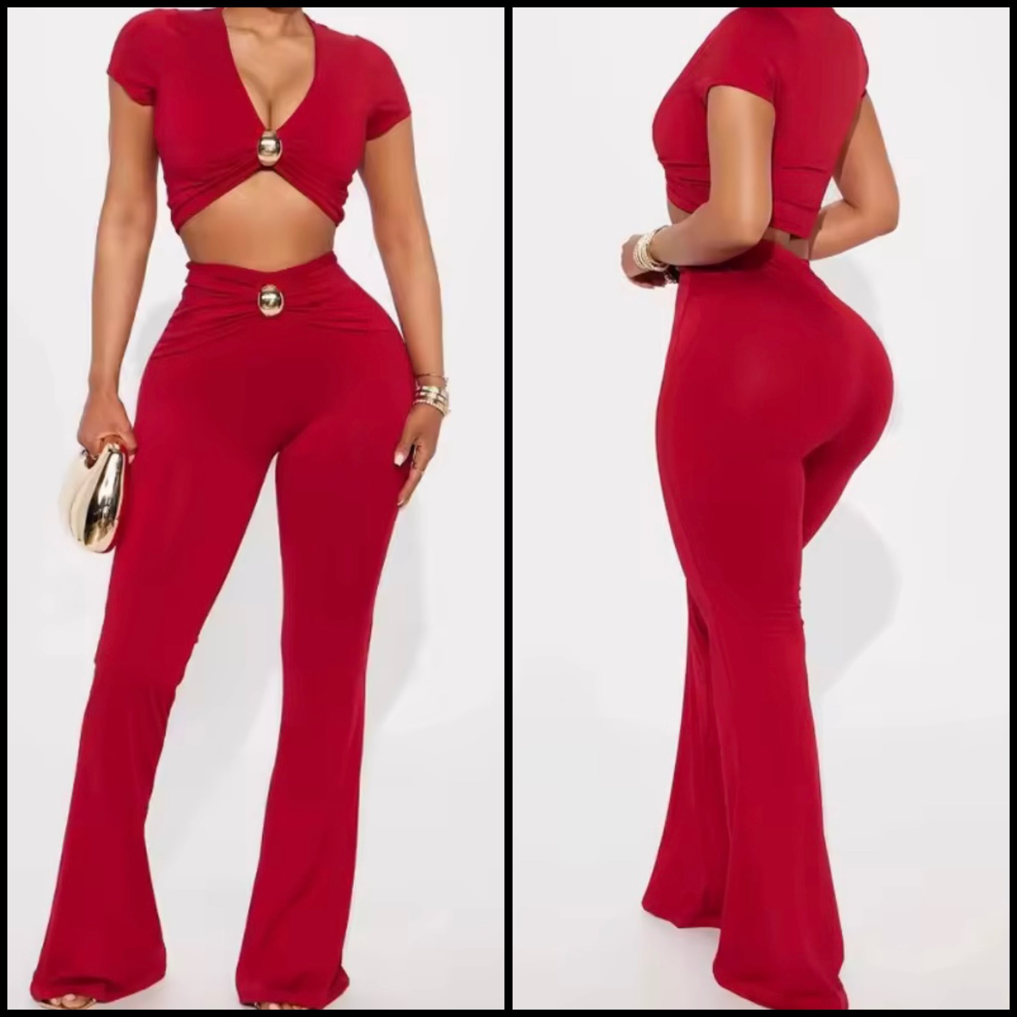 Women Sexy Red Metal Ruched Short Sleeve Two Piece Pant Set