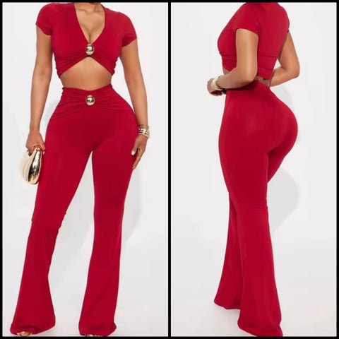 Women Sexy Red Metal Ruched Short Sleeve Two Piece Pant Set