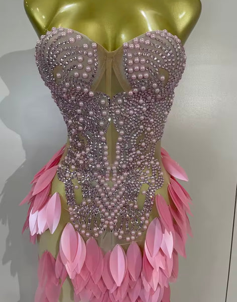 Women Sexy Strapless Beaded Sequins Side Split Maxi Dress