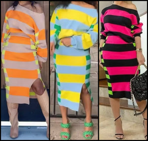 Women Sexy Color Patchwork Striped Full Sleeve Two Piece Skirt Set