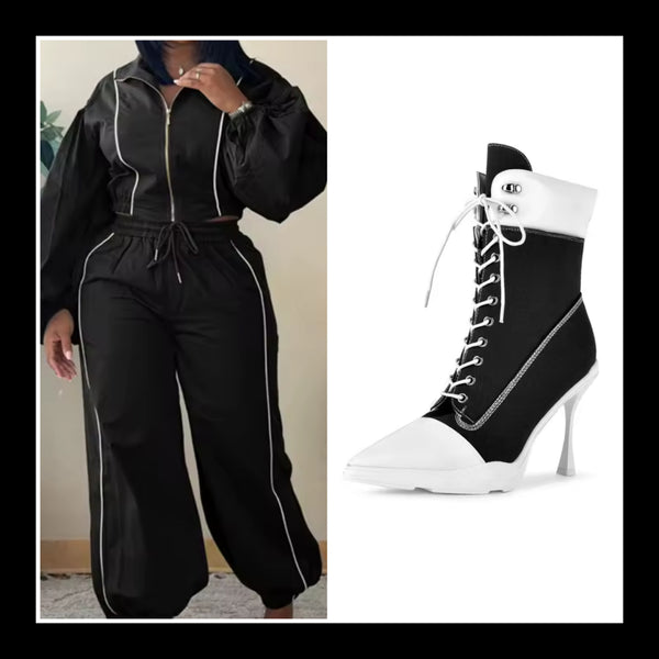 Women Fashion Striped Lantern Zip Up Full Sleeve Two Piece Pant Set