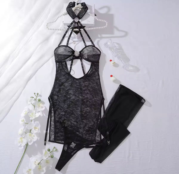 Women Sexy Halter Sleeveless Black Bling Lace Lingerie Set