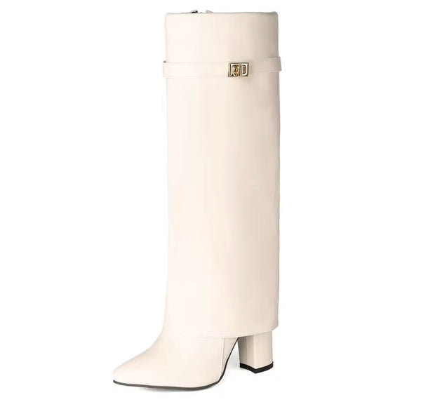 Women Pointed Toe Buckled Fashion Faux Leather Knee High Boots