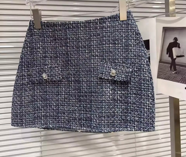 Women Sexy Fashion Blue Tweed Blazer Two Piece Skirt Set