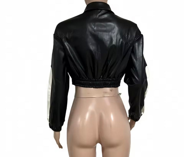 Women Color Printed Fashion Faux Leather Zip Up Jacket