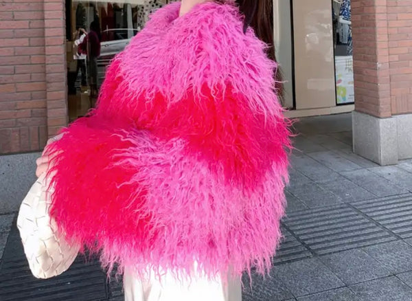 Women Fashion Pink Color Patchwork Faux Fur Jacket