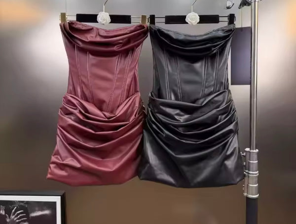 Women Sexy Fashion Strapless Faux Leather Ruched Dress