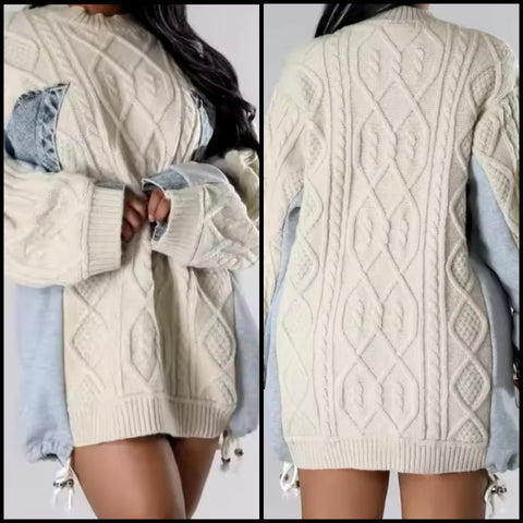 Women Sexy Fashion Full Sleeve Denim Patchwork Sweater Dress