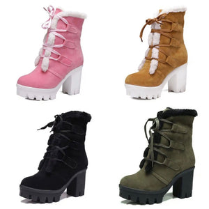 Women Lace Up Platform Fashion Suede Warm Ankle Boots