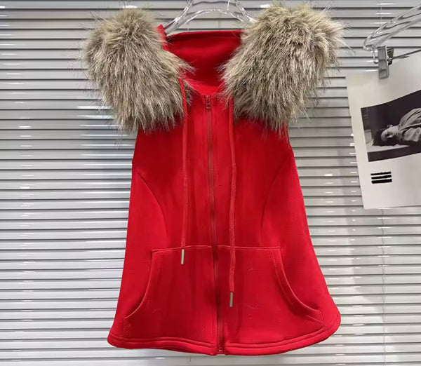 Women Fashion Fur Patchwork Zip Up Three Piece Pant Set