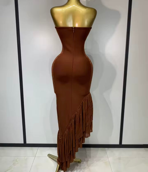 Women Brown Strapless Mesh Rhinestone Patchwork Dress