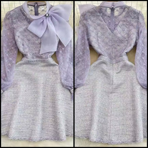 Women Beaded Lace Patchwork Bow Full Sleeve Dress