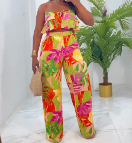 Women Sexy Sleeveless Printed Ruffled Crop Two Piece Pant Set