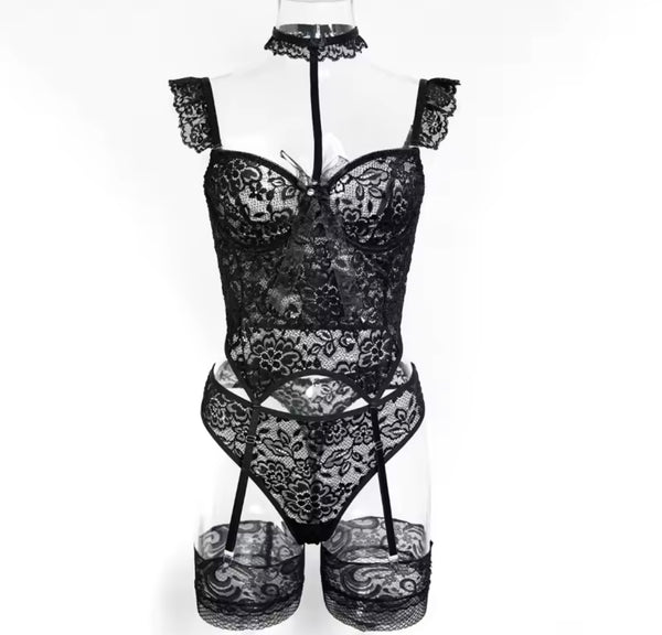 Women Sexy Black Bow Choker Lace Lingerie Set