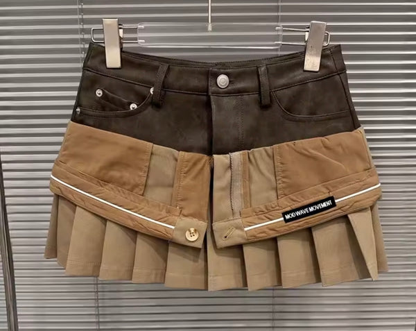 Women Fashion Color Patchwork Pleated Skirt