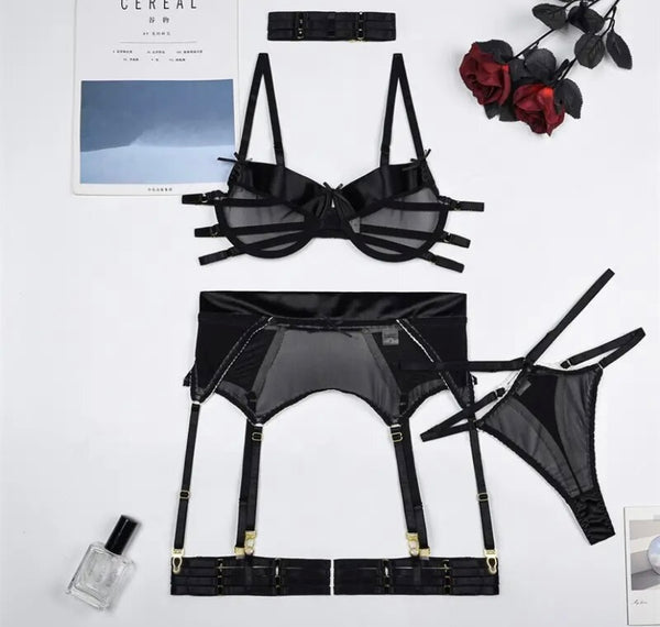 Women Sexy Choker Satin Mesh Lingerie Set