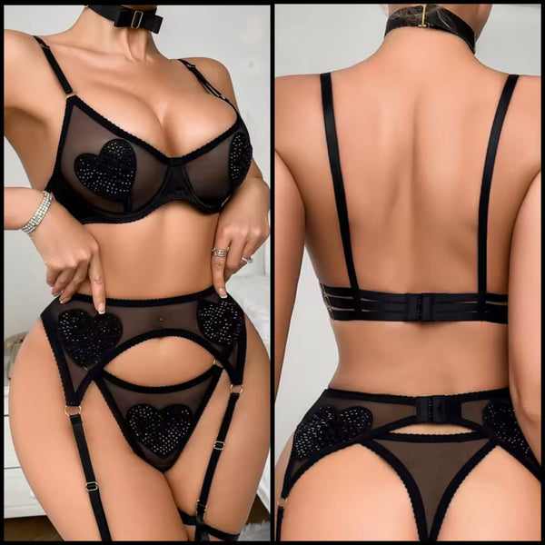 Women Sexy Black Sparkling Heart Mesh Lingerie Set