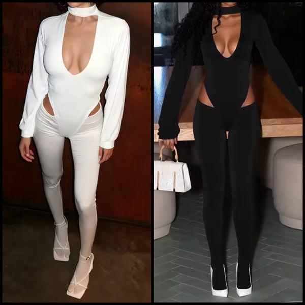 Women Choker Full Sleeve Fashion Bodysuit Two Piece Pant Set