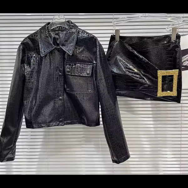 Women Black PU Leather Jacket Two Piece Gold Buckled Skirt Set