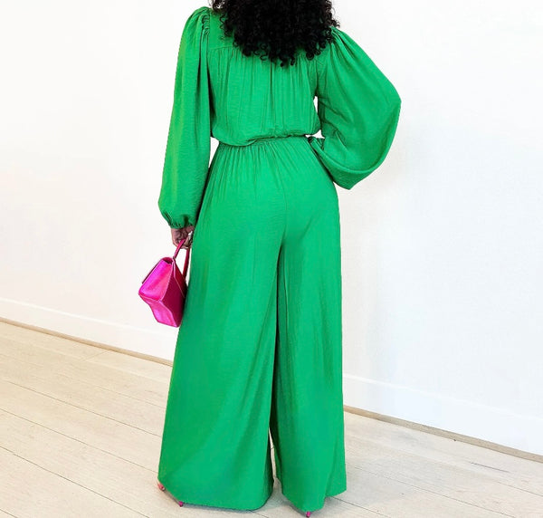 Women Fashion Button Up Solid Color Belted Full Sleeve Jumpsuit