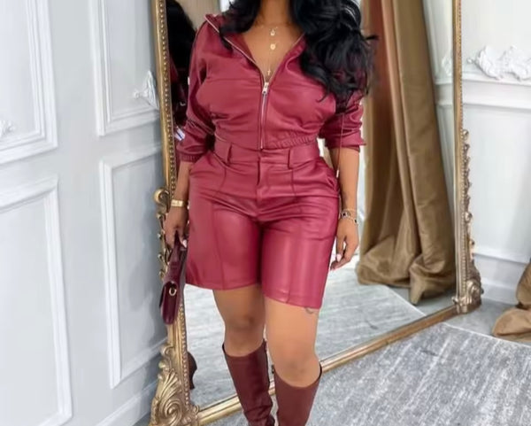 Women Fashion Hooded Zip Up Faux Leather Two Piece Short Set