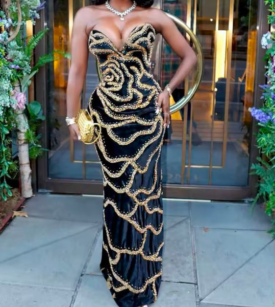 Women Sexy Strapless Sequins Maxi Dress