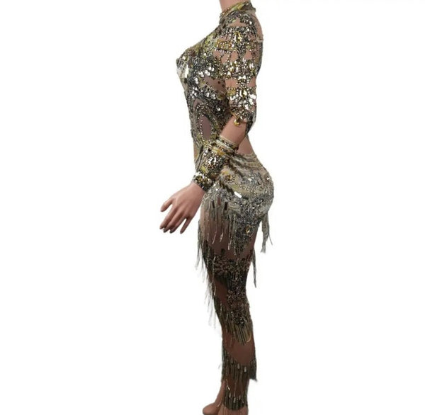 Women Sexy Full Sleeve Crystal Bling Tassel Jumpsuit