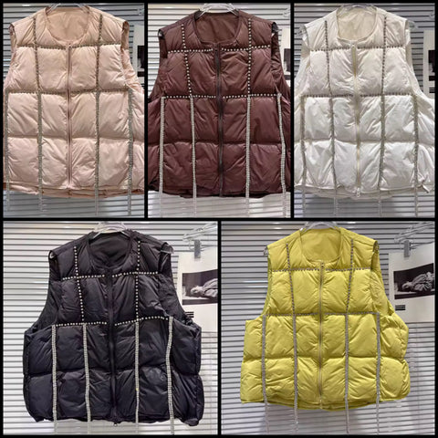 Women Color Rhinestone Tassel Fashion Puff Vest Jacket