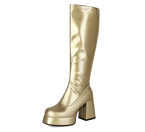 Women Fashion Round Toe Patent Leather Square Heel Boots