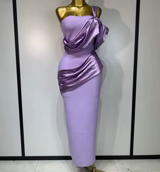 Women One Shoulder Strapless Draped Purple Maxi Dress