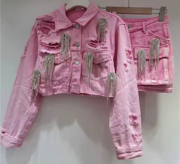 Women Fashion Pink Rhinestone Tassel Denim Two Piece Skirt Set
