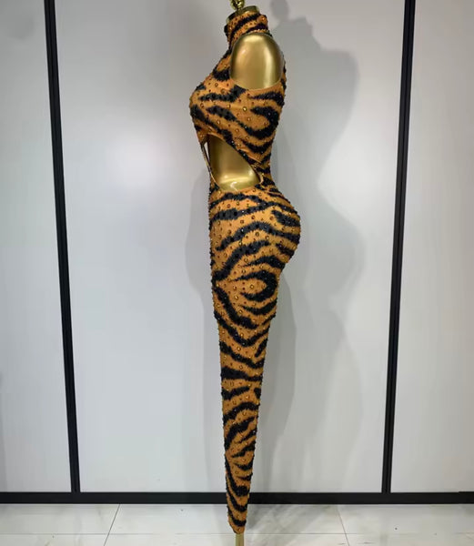 Women Sexy Orange Printed Rhinestone Sleeveless Jumpsuit