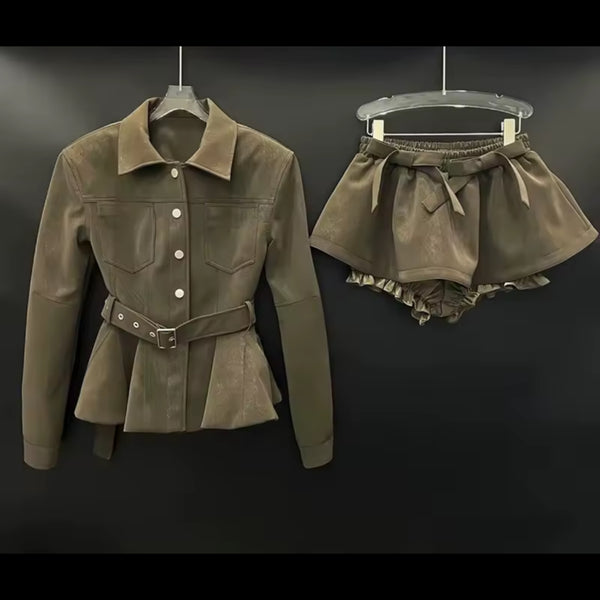Women Collar Button Up Ruffled Jacket Two Piece Skirt Set