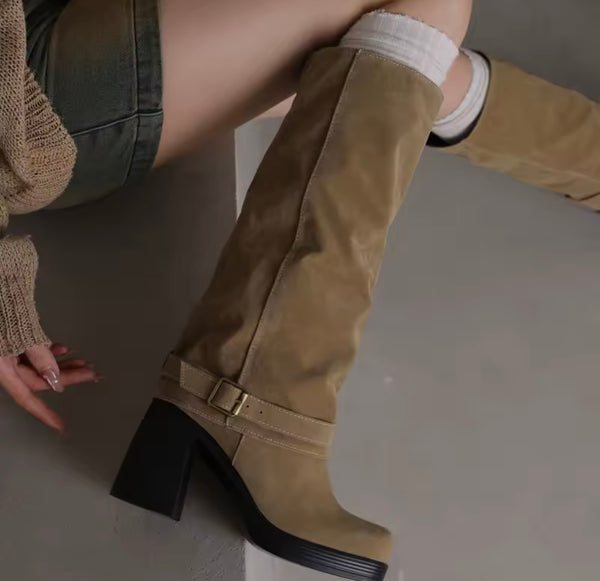 Women Fashion Square Toe Buckled Suede Knee High Boots
