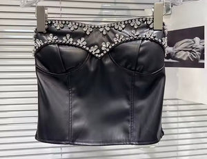Women Sexy Strapless Floral Rhinestone PU Crop Top