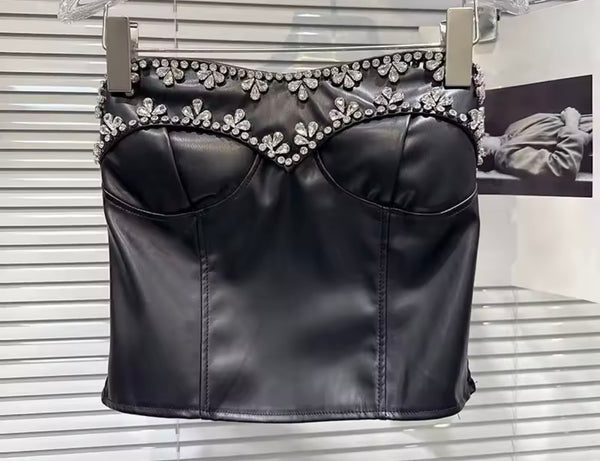 Women Sexy Strapless Floral Rhinestone PU Crop Top